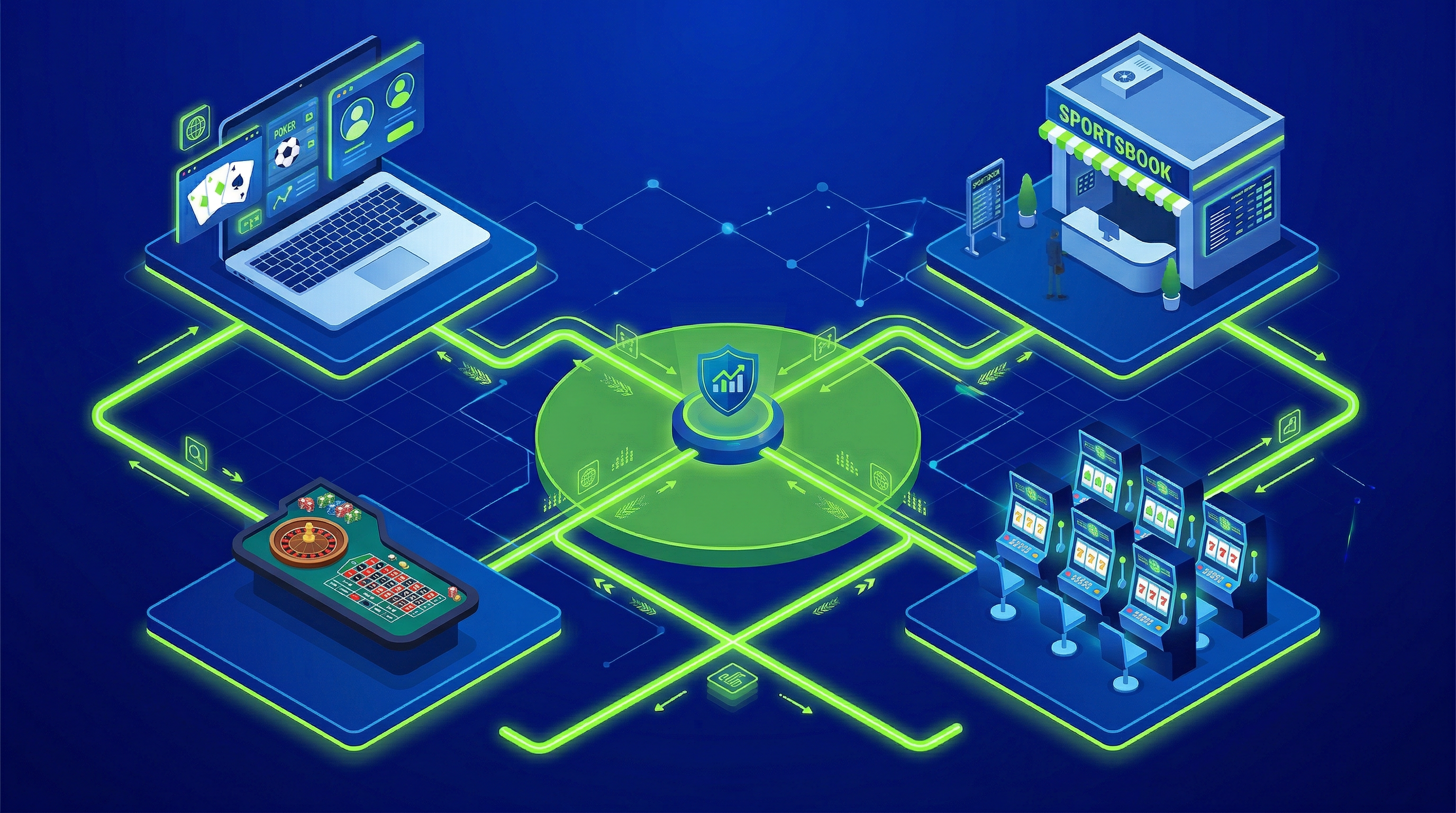 Isometric illustration of gaming sectors — online, casino, slots, sportsbook